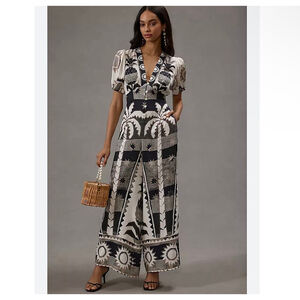 Farm Rio Puff Sleeve Linen Vacation Island Jumpsuit